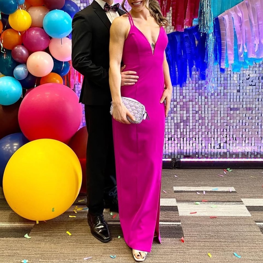 Gorgeous Aidon Mattox Bright Pink Maxi Dress Gown Open Back